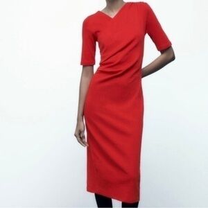 Zara Side Draped Midi Dress Half Sleeve Wrap Neckline Rib Knit Stretchy Red S